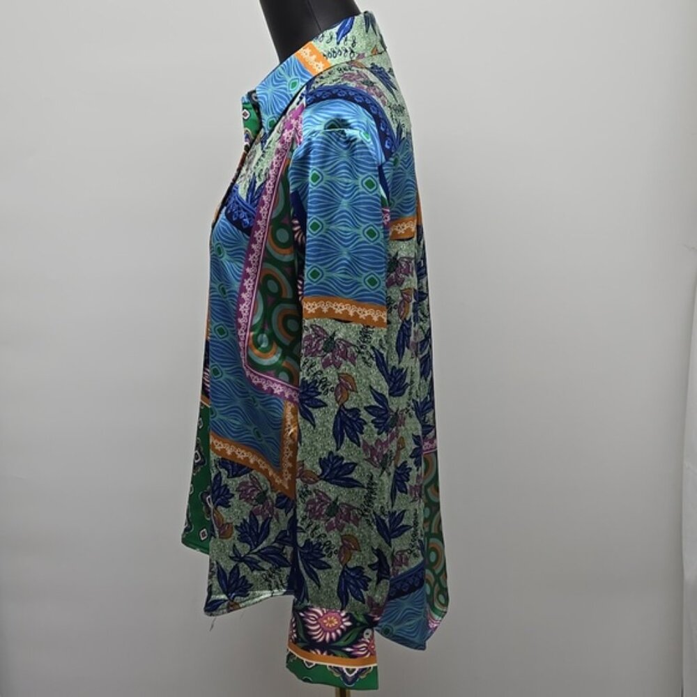 Rachel Zoe Green and Blue Casual Button Down Shirt Button Front Size Medium - Picture 6 of 11